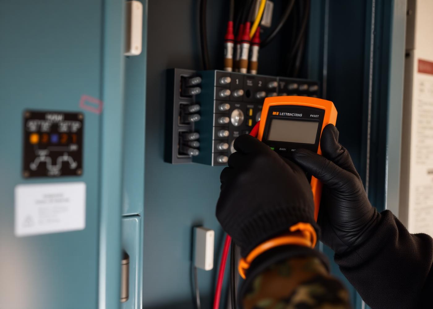 Elektricien meet elektrische installatie door met multimeter